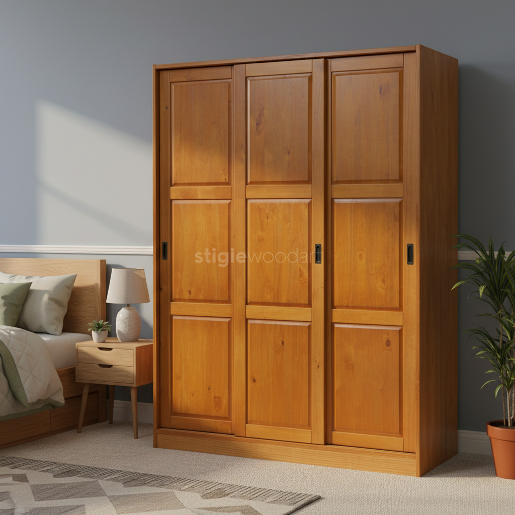 Lemari Pakaian Kayu Jati Minimalis 3 Pintu - Gambar 2