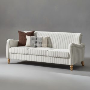 Sofa Minimalis Kain Motif Garis Kaki Kayu Jati