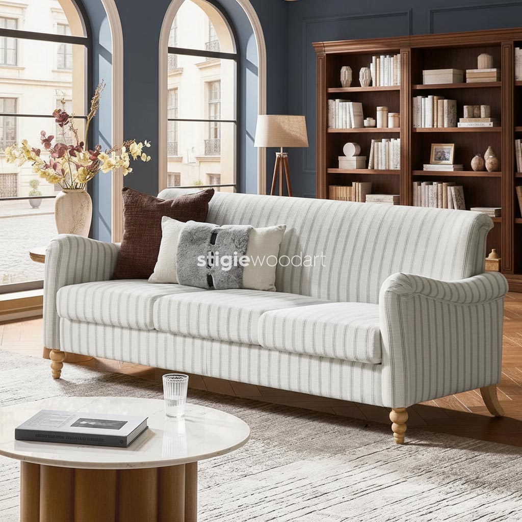 Sofa Minimalis Kain Motif Garis Kaki Kayu Jati - Gambar 2