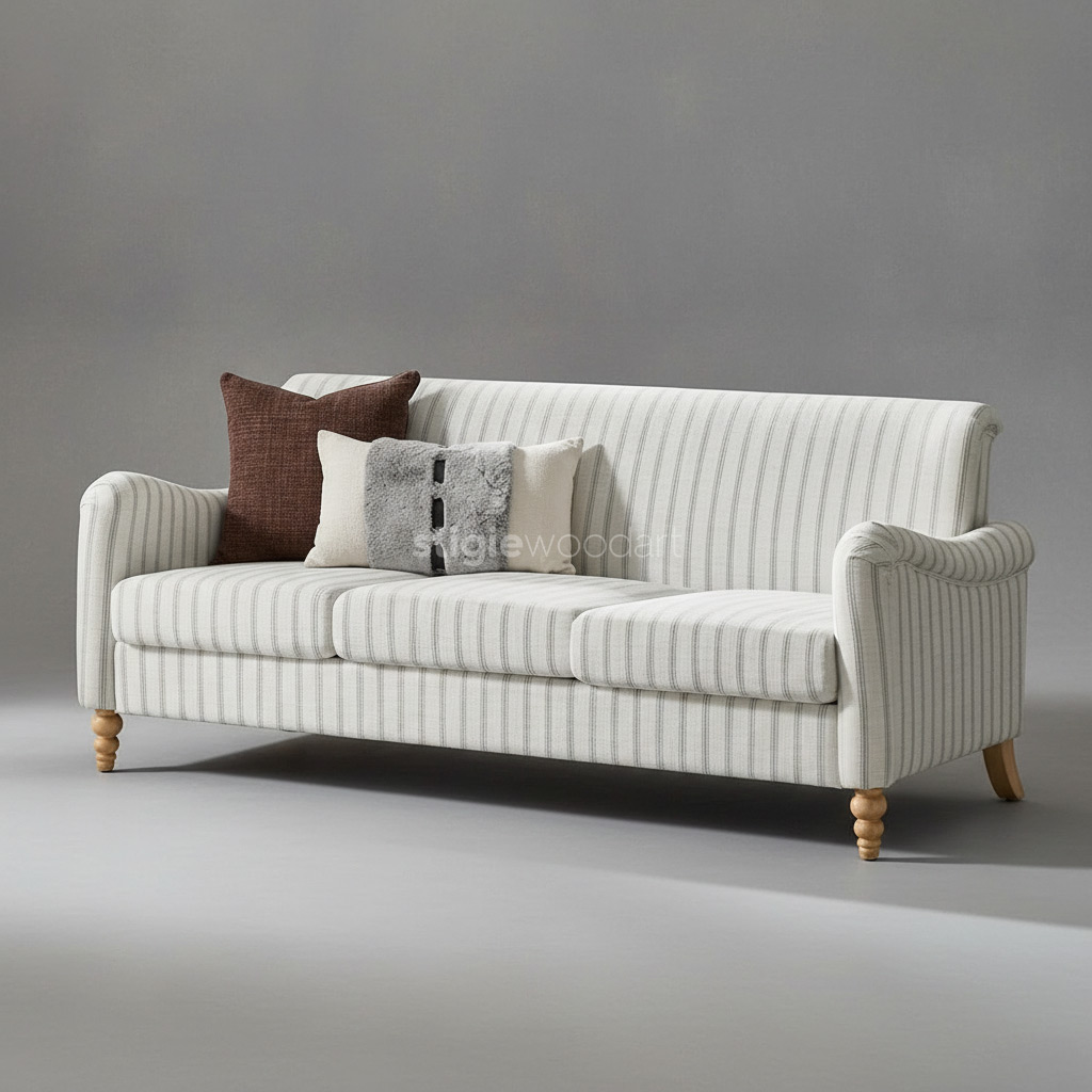Sofa Minimalis Kain Motif Garis Kaki Kayu Jati