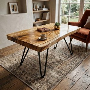 Coffee Table Kayu Trembesi Modern Kaki Besi