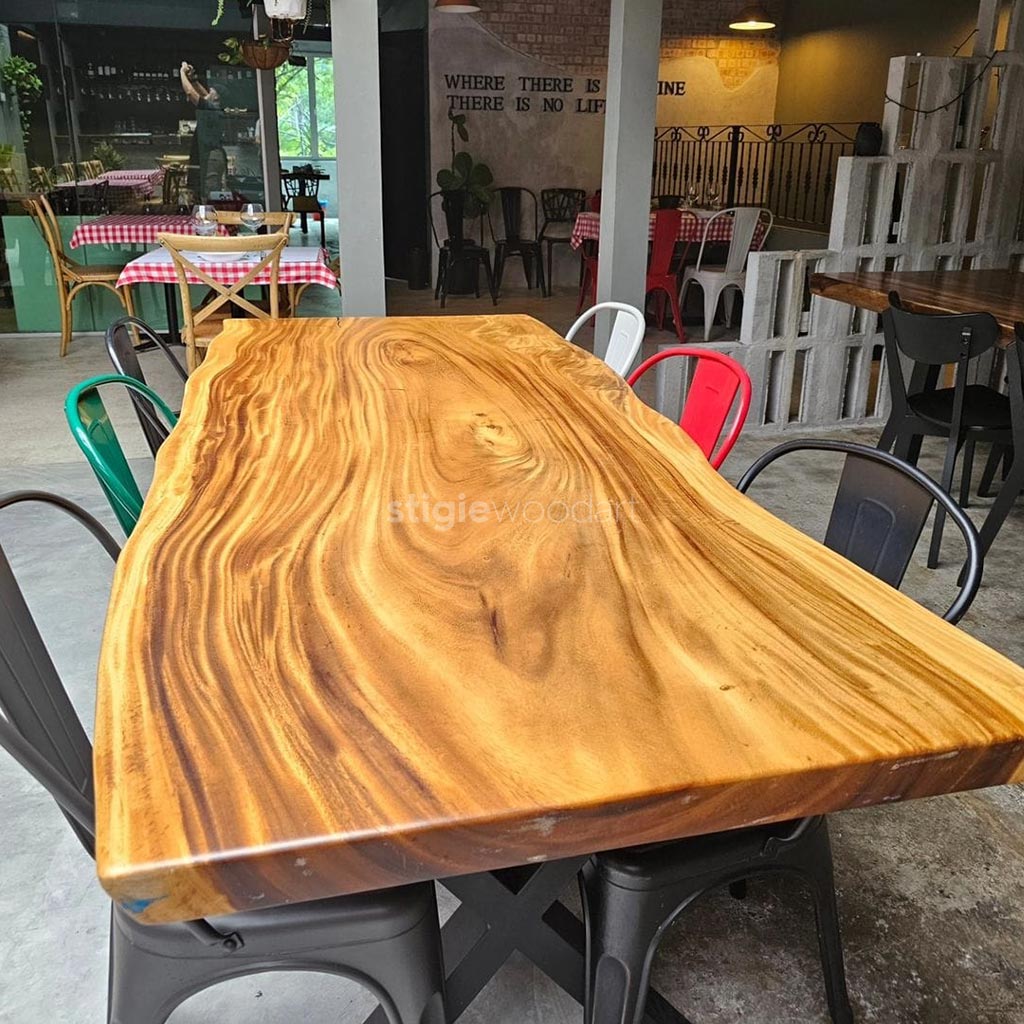 Meja Makan Cafe Kayu Trembesi Solid Natural - Gambar 2