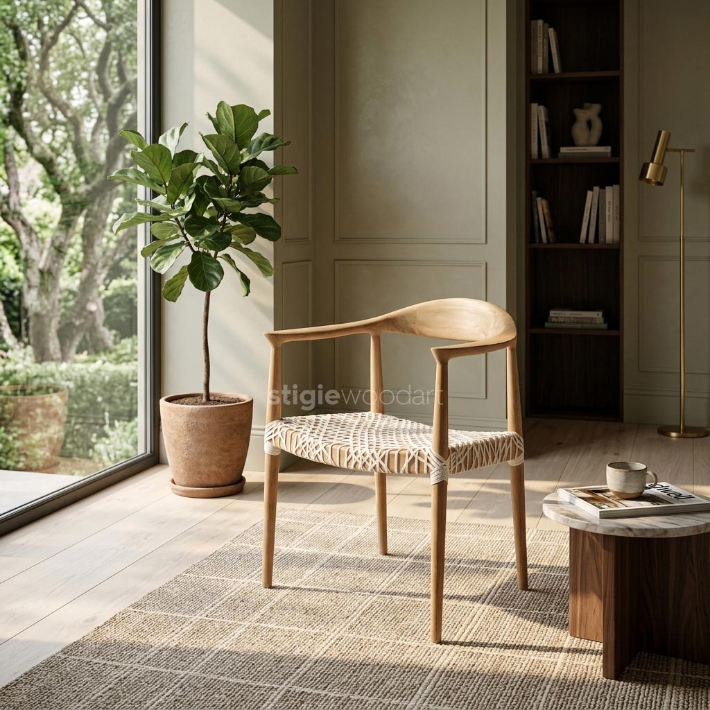 Kursi Cafe Minimalis Scandinavian Kayu Jati Rotan Anyam - Gambar 2