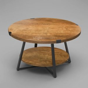 Coffee Table Kayu Jati Bundar Kaki Besi Minimalis