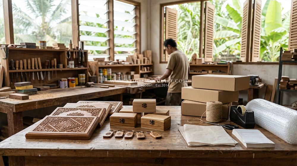 Pengemasan produk handicraft custom kayu