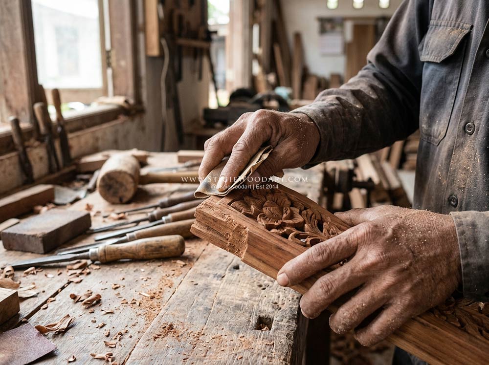 Pengrajin membuat handicraft custom kayu