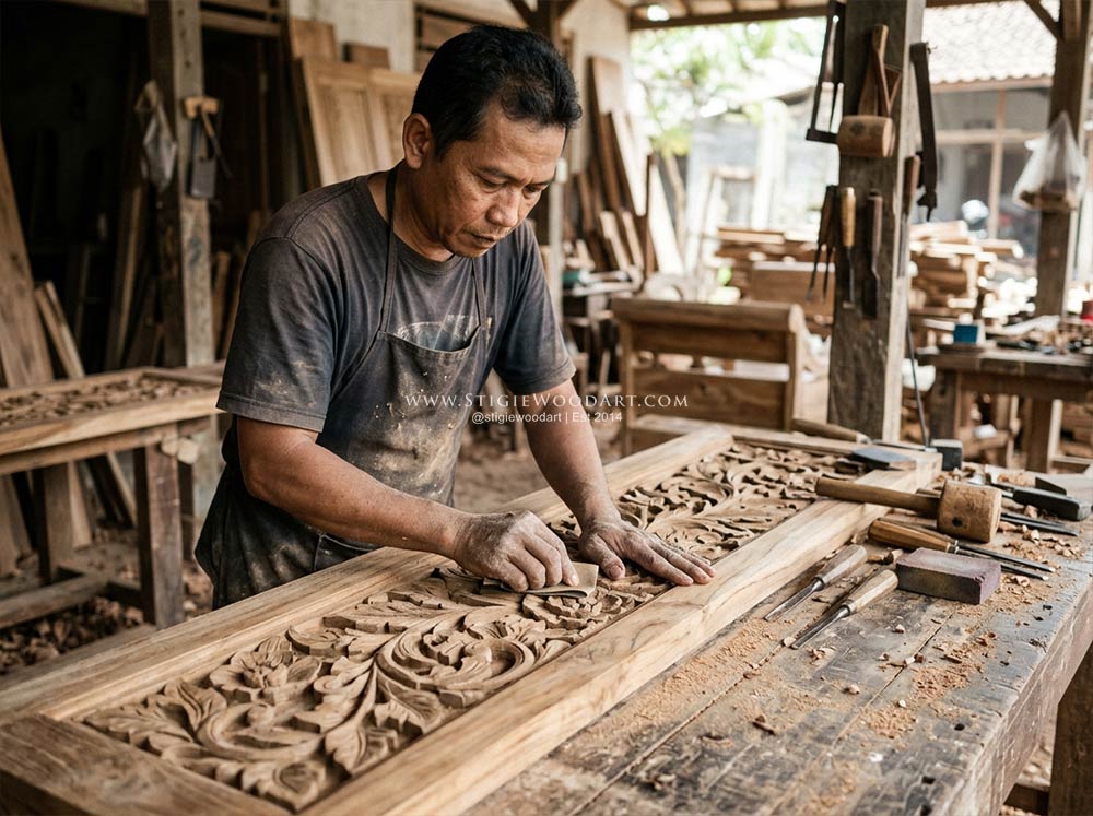Pengrajin sedang merapikan ukiran kayu Jepara