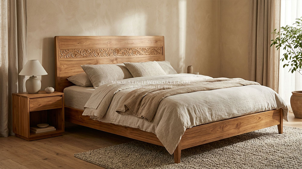 Tempat tidur kayu jati modern dengan ukiran pada kepala ranjang